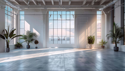 a large, empty room with a white wall and a white floor by ai generated image