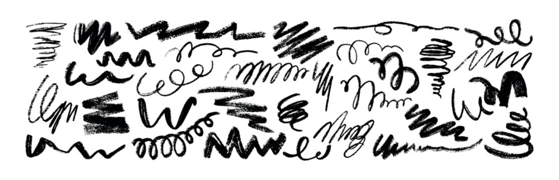 vector set of hand drawn doodle charcoal pencil curly lines and strokes, squiggles. grunge pen crayo