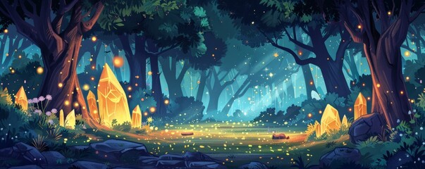 An enchanted glade hidden deep within a mystical forest, where faeries dance amidst the shimmering light of magical crystals and ancient trees.   illustration.