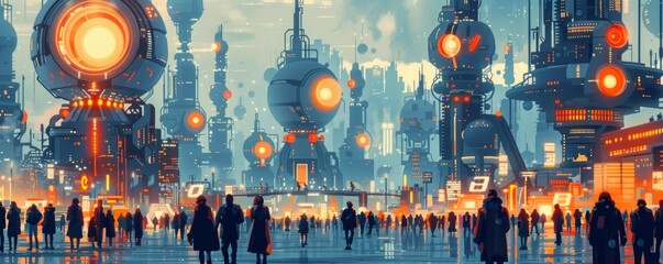 Wall Mural - A retro-futuristic metropolis filled with the hum of machinery and the bustle of crowds, where progress marches ever onward.   illustration.