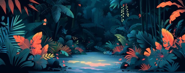 Wall Mural - An alien jungle teeming with exotic life, where strange creatures lurk in the shadows of towering trees.   illustration.
