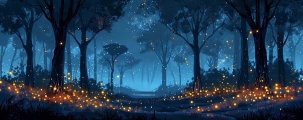 Wall Mural - A mysterious forest with majestic trees and twinkling fairy lights in the darkness.   illustration.