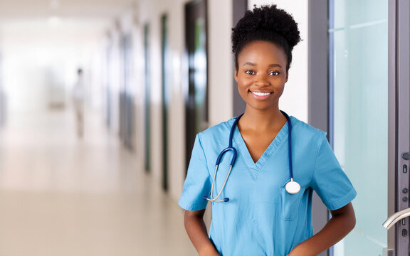 Happy, smiling nurse in hospital. Black healthcare worker at work.