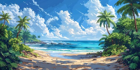 Wall Mural - Beautiful Tropical Beach ocean scene with Palm Trees illustration