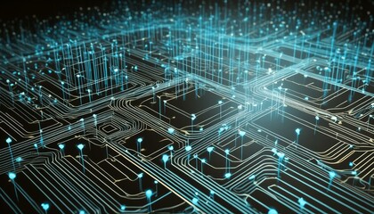 Circuit board with glowing lines and dots representing high tech