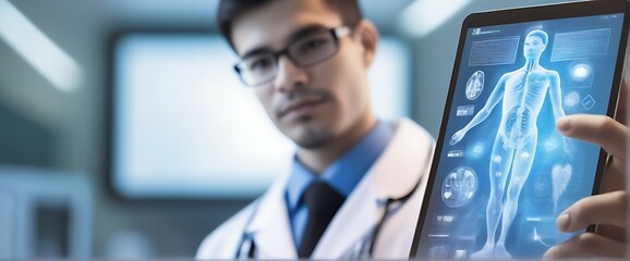 Wall Mural - The doctor looks at the x-ray results on the tablet screen. Medical professionals use advanced technology to access health information.