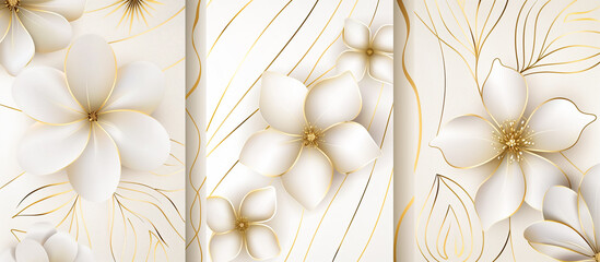 Wall Mural - set white luxury minimalism with golden line floral pattern banner background