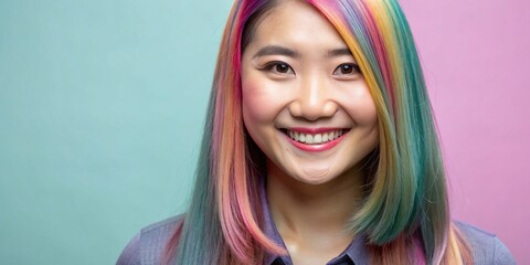 beautiful young thai woman with colorful hair smiling face space for text colored backgrounds