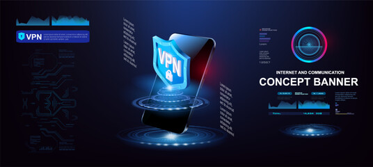 Poster - vpn concept banner. private closed internet connection. futuristic shield with hologram and vpn insc