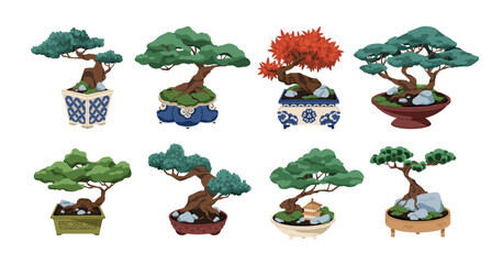 Poster - Bonsai, Japanese trees in pots. Traditional Asian miniature garden, zen nature in container. Japan leaf plants, traditional oriental art. Flat vector illustration isolated on white background