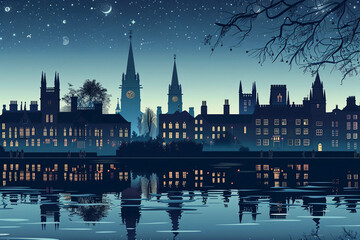 Wall Mural - Cambridge city vector skyline at night