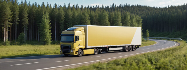 Wall Mural - A truck with a trailer is driving along the highway along the forest. Logistics and international cargo transportation. Truck is driving fast with a blurry environment. Concept of cargo transportation