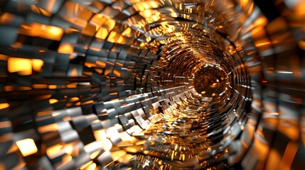 Aufkleber - Abstract futuristic tunnel with bright golden lights and geometric shapes. Digital art reflecting innovation. For tech backgrounds and modern design uses. AI