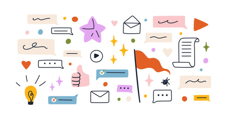 Aufkleber - Doodle symbols set. Creative design elements, communication icons. Speech bubble, stars, hearts, lightbulb, flag, thumb-up, letter and envelope. Flat vector illustration isolated on white background