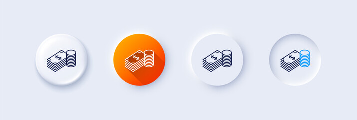 Wall Mural - Cash money line icon. Neumorphic, Orange gradient, 3d pin buttons. Banking currency sign. Dollar or USD symbol. Line icons. Neumorphic buttons with outline signs. Vector