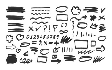 Poster - Set of hand drawn elements for notes, underlines, arrows, frames, numbers. The effect of a black marker or highlighter. Vector abstract graphic elements