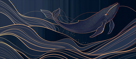 Wall Mural - whale golden line art pattern in dark navy blue luxury texture background