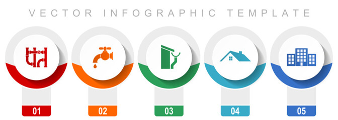 Fototapete - Home service icon set, miscellaneous vector icons such as pipe, tap, roof and gutter, house and building, modern design infographic template, web buttons in 5 color options