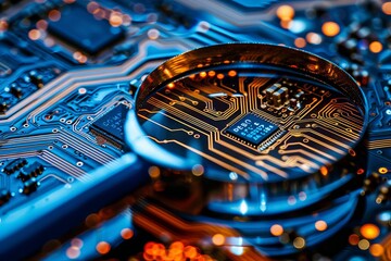 Poster - Macro view of computer microchips on circuit board magnified with ample space for text placement