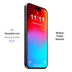 Poster - new frameless smartphone grey color with colorful screen saver, isolated on white background. mockup of realistic and detailed mobile phone with shadow. vector 3d isometric illustration