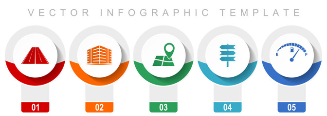 Poster - Travel icon set, miscellaneous vector icons such as road, building, navigation, signpost and fuel gauge, modern design infographic template, web buttons in 5 color options