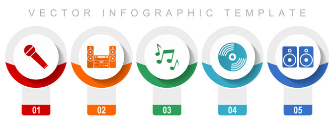 Fototapete - Multimedia icon set, miscellaneous vector icons such as microphone, stereo equipment, vinyl and speakers, modern design infographic template, web buttons in 5 color options