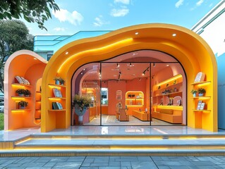 Poster - Bright modern storefront with curved orange architecture, glass doors, and inviting displays of decor under a blue sky.