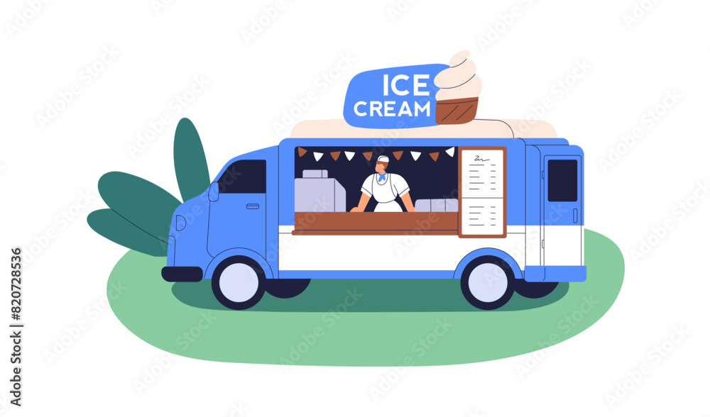 Ice-cream food truck. Mobile cafe van selling icecream outdoors. Street ...