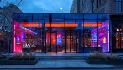 Poster - Modern glass building with vivid interior lighting, showcasing contemporary architectural design and vibrant colors at dusk.