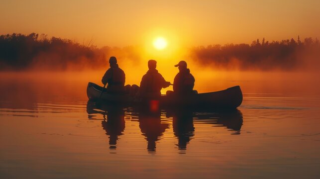 A family begins a peaceful journey. By paddling a canoe along a quiet stream