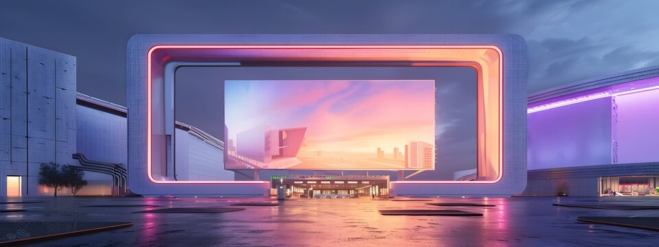Towering Billboard Frame Marks Entrance to Vast Shopping Mall in HyperFuturistic Urban Vision