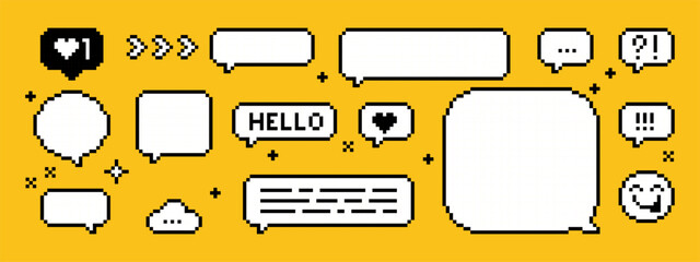 Poster - Set of empty pixel art speech bubbles. Chat or pixel dialogue box. 8-bit retro style vector illustration