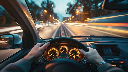 Panoramic view of the car interior. A person's hands are driving the steering wheel of a car. Concept of a driving trip. Generative Ai.