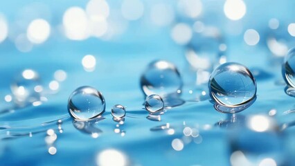 Wall Mural - A body of water with many small, clear, and shiny spheres floating on the surface. The water appears to be calm and still, with the bubbles reflecting the light and creating a serene atmosphere