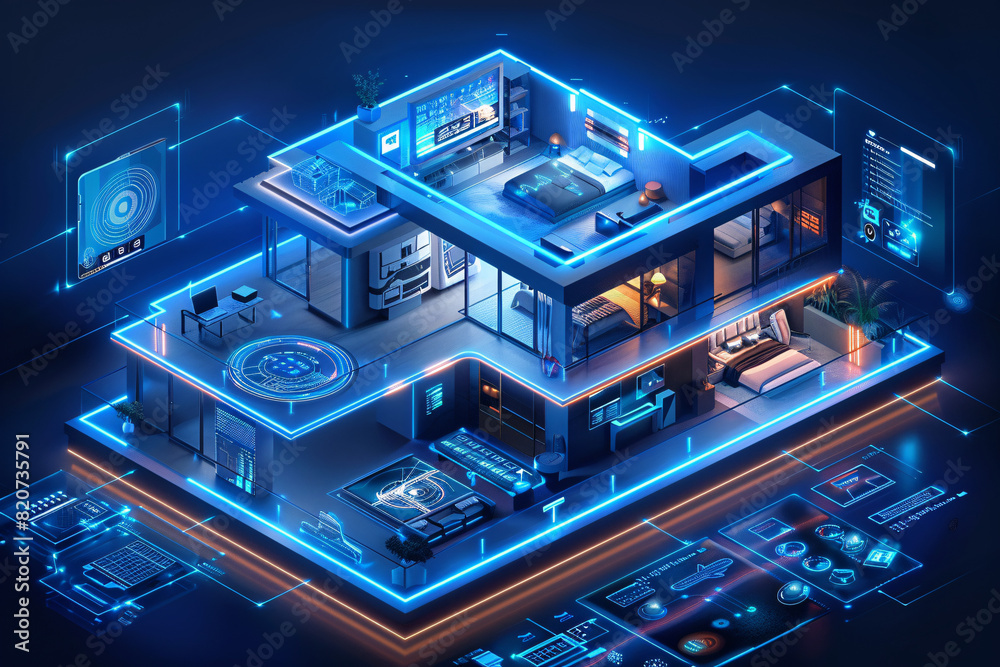A futuristic smart home interior is presented in an isometric ...