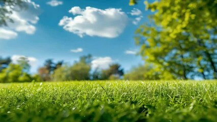 Wall Mural - A lush green field with a blue sky and a few trees in the background. The sky is clear and the sun is shining brightly