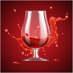 Red wine Glass with red splash, liquid red drink vector background