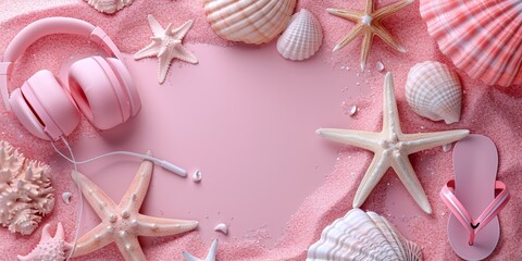 Mock up of pink summer beach concept. Summer accessories, headphone, sunglasses, starfish, shell, inflatable ball and flip-flop on pink background. illustration