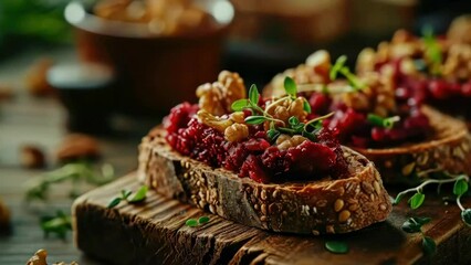 Canvas Print - A plate of food with a brown bread and nuts on it. The plate is on a wooden table
