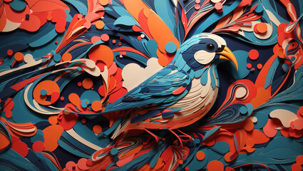 Wall Mural - a blue and orange cut paper collage of a bird with a yellow beak sitting on a branch with leaves. The background is a red and blue floral pattern.