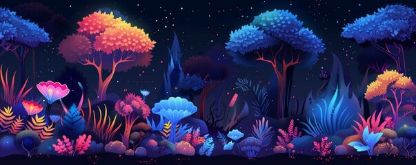 Wall Mural - A bioluminescent forest aglow with vibrant hues, where enchanted flora and fauna thrive in the phosphorescent light, creating an otherworldly spectacle.   illustration.
