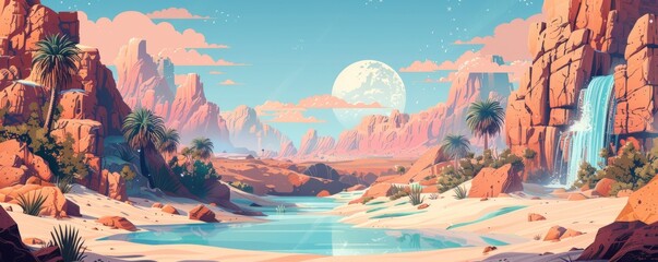 Wall Mural - A bioengineered oasis in the desert, where artificial rivers and waterfalls provide a haven for life in an otherwise barren landscape.   illustration.