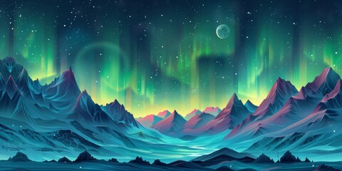 Wall Mural - northern lights landscape with mountains and moon. the sky is in the north. flat . illustration
