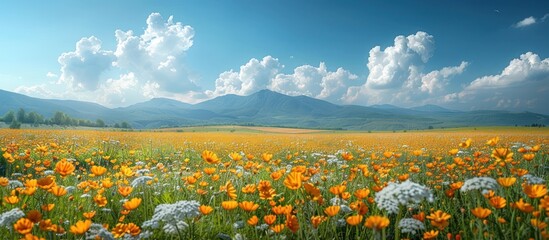 Sticker - Beautiful spring meadows and bright sunshine. Natural panoramic landscape on blue sky