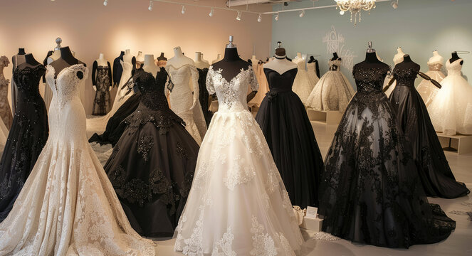 A display of elegant wedding dresses in various colors and styles, including black gowns with lace accents and white dresses with long trains. The setting is an upscale boutique with mannequins