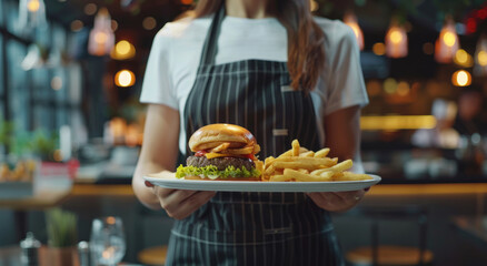Wall Mural - Close up of waitress holding tray with burger and fries in restaurant, closeup on the plate