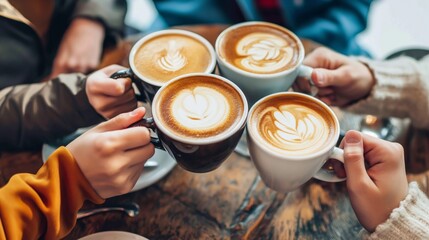 Friends enjoy latte art coffees at cozy cafe on a sunny morning.