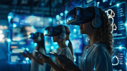 Future of Education: Create a scene in a futuristic classroom with students using VR headsets, tablets, and interactive digital boards, showcasing the evolution of learning.