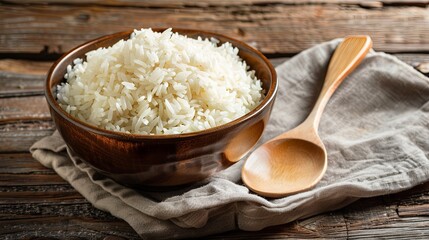 Poster - A wooden bowl filled with cooked white rice sits next to a wooden spoon on a wooden table. Generative AI