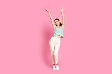 Sticker - Photo of good mood crazy woman wear trendy clothes have fun club disco music isolated on pink color background